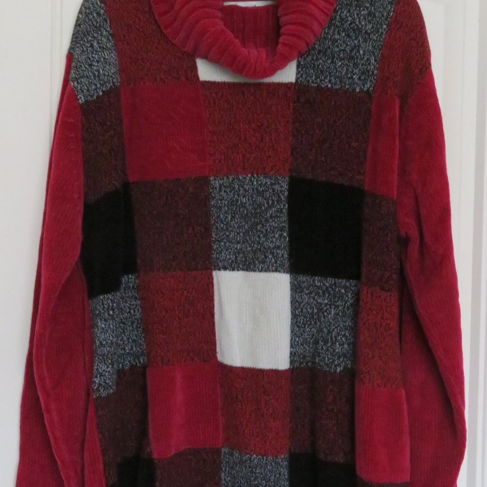 DRESSBARN Chenille Red Turtleneck Patchwork Sweater XL (K163)